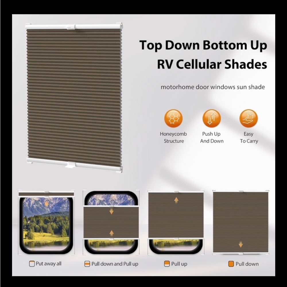 RV Camper Motorhome Door Window Cellular Shade 26”x24”L Brown Top Down Bottom Up